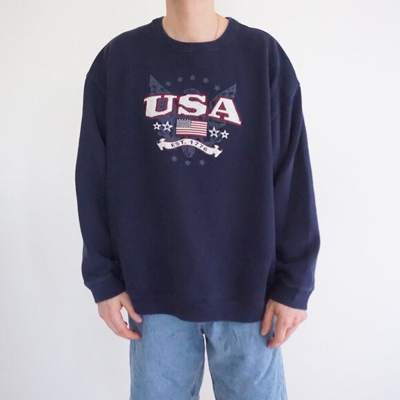 Crofton Barrow Navy Embroidered Patriotic Usa Cotton Crewneck Sweater 2XL - Picture 1 of 10